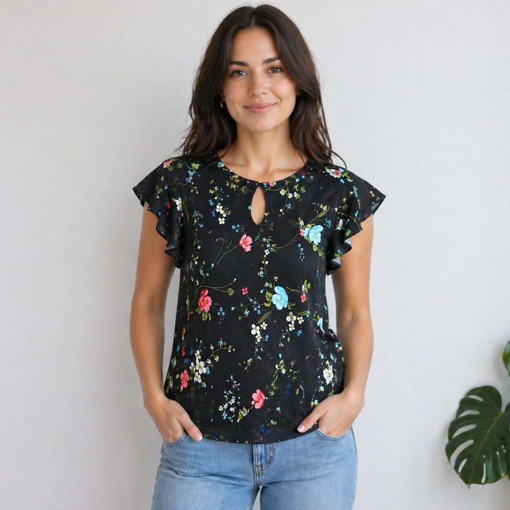 Worthington Black Floral Keyhole Ruffle Sleeve Top